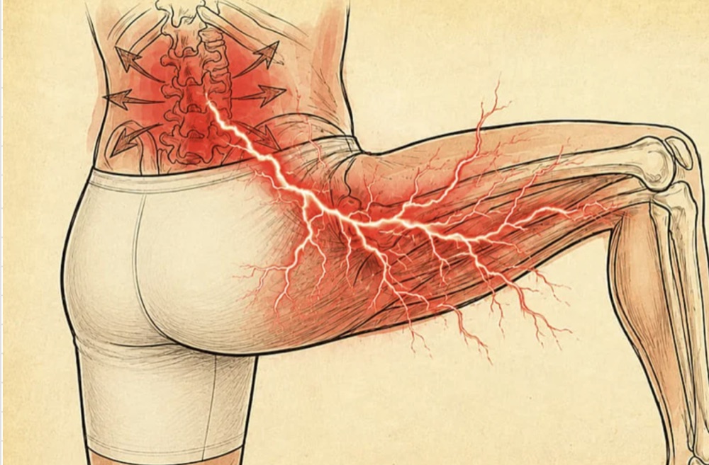 Anatomische illustratie van de onderrug met uitstraling langs de achterkant van het bovenbeen