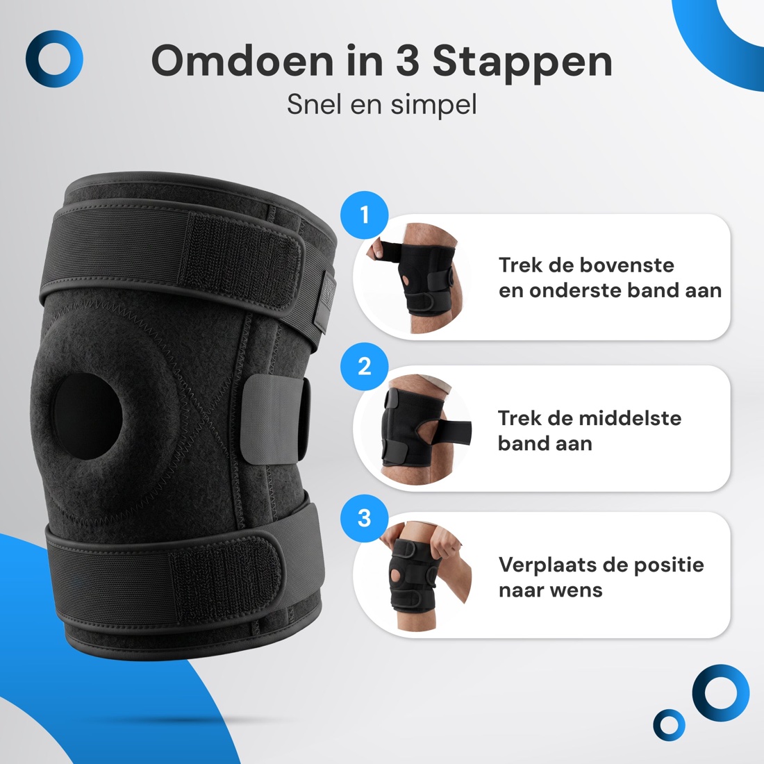 Nuvance kniebrace omdoen in drie stappen: boven- en onderband, middenband, positie aanpassen
