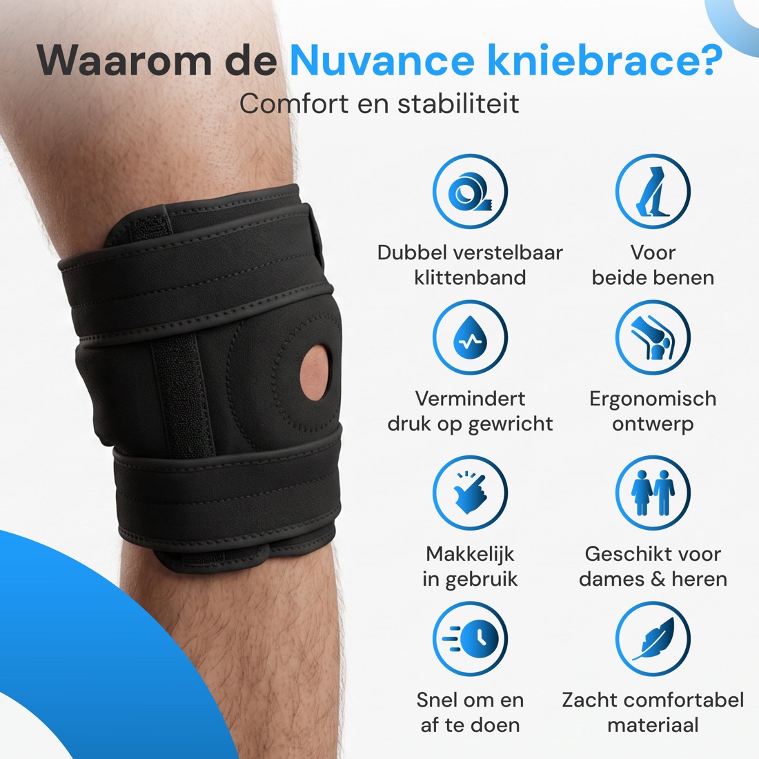 Overzicht van de kenmerken van de Nuvance kniebrace: dubbel verstelbaar klittenband, voor beide benen, minder druk op het gewricht en ergonomisch ontwerp