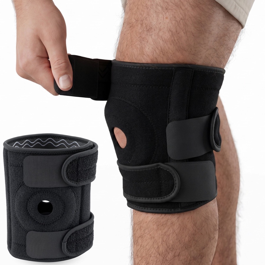 Nuvance kniebrace in het zwart met open patella, gedragen om de knie