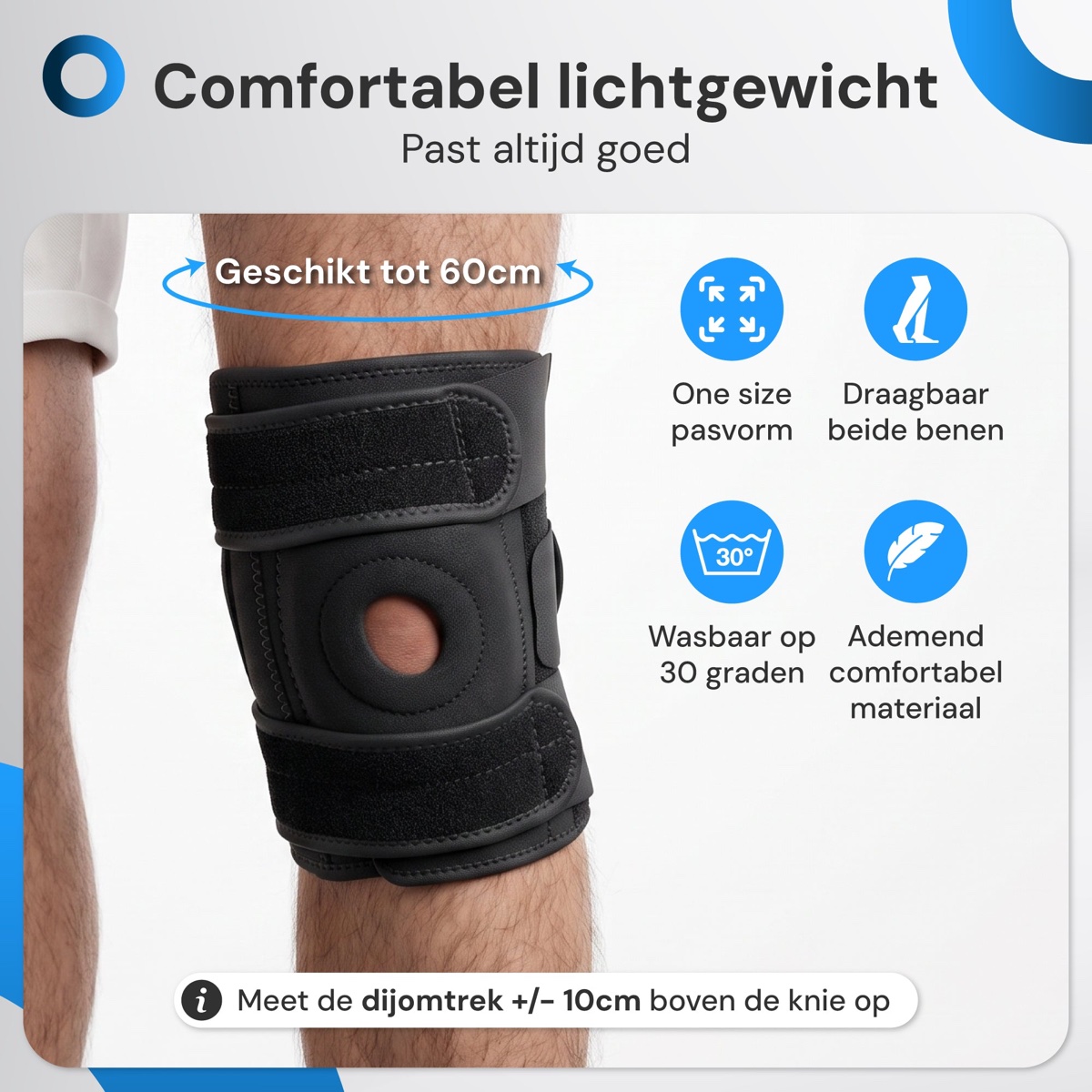 Nuvance kniebrace gedragen tijdens het werk, bij wandelen en bij het sporten